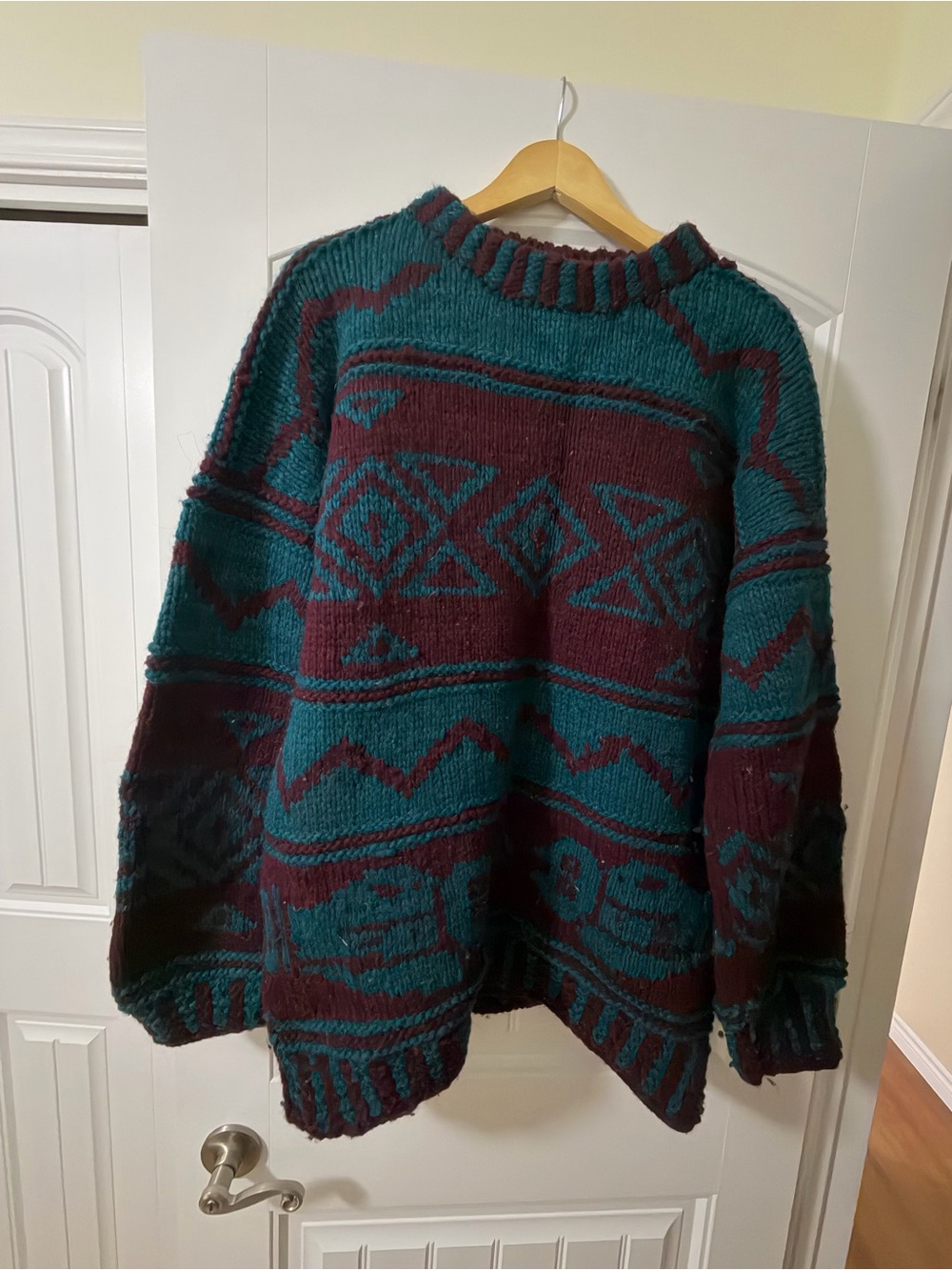 Chunky Teal and Burgundy 100% Wool Sweater
